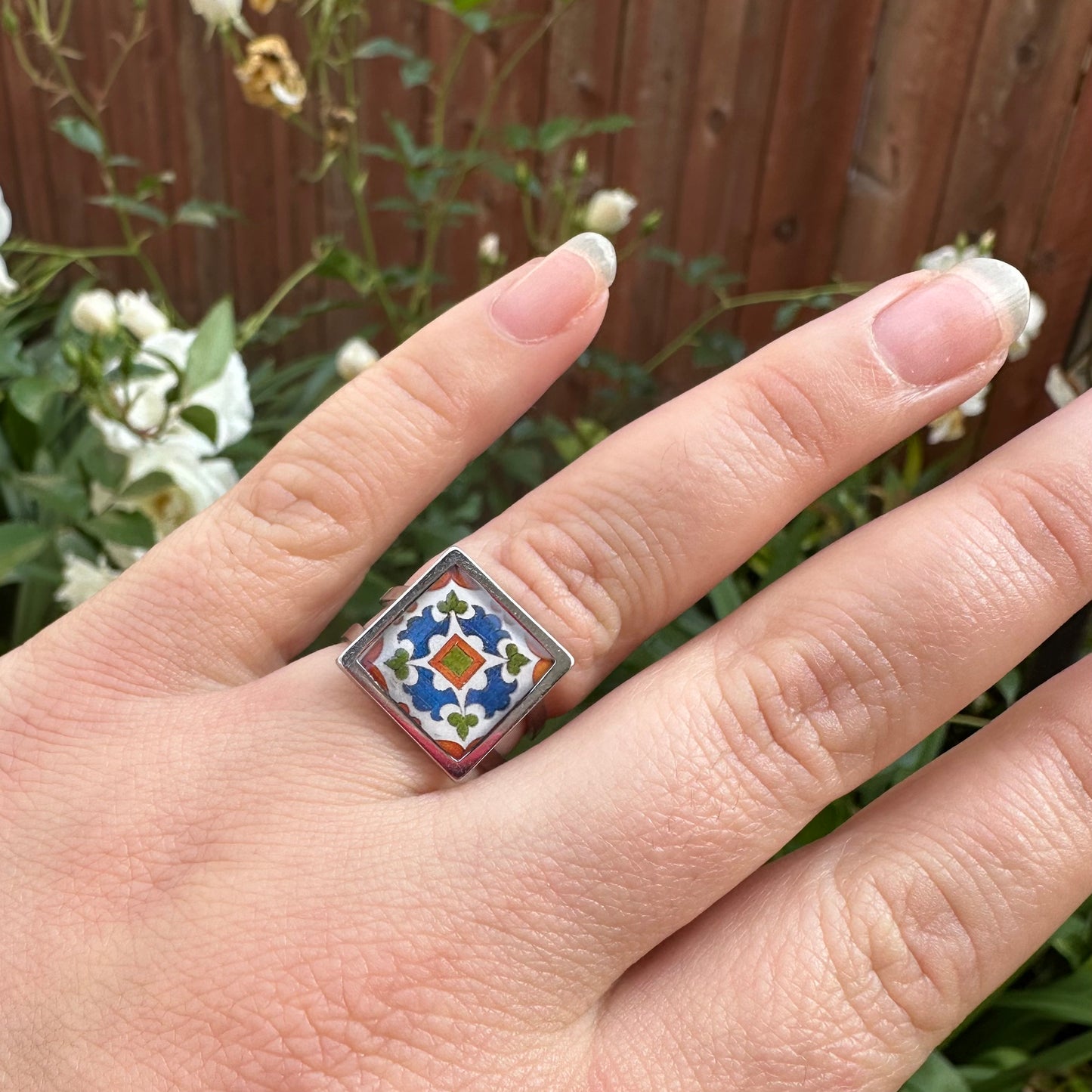 Red Flower Frame Tile Ring (near Santa Barbara Public Market)